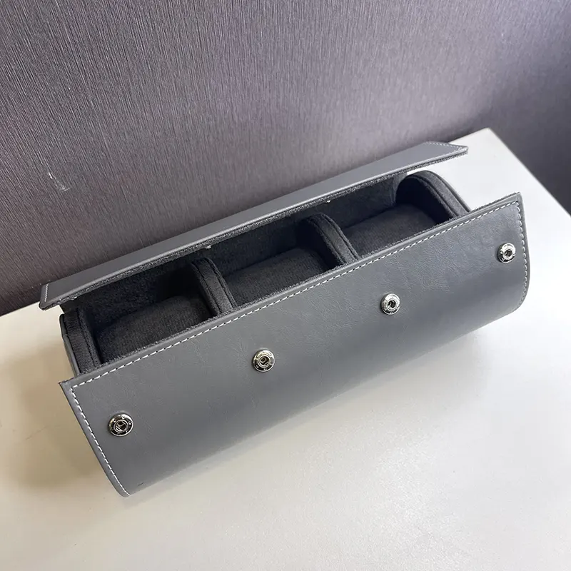 3 Slots Premium Grey Leather Watch Roll Case