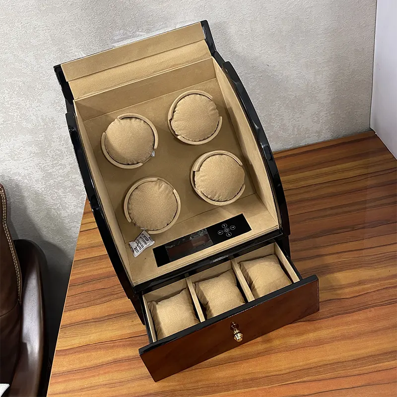 4 Slots High Quality Luxurious Curved Shape Brown Watch Winder for Automatic Watches