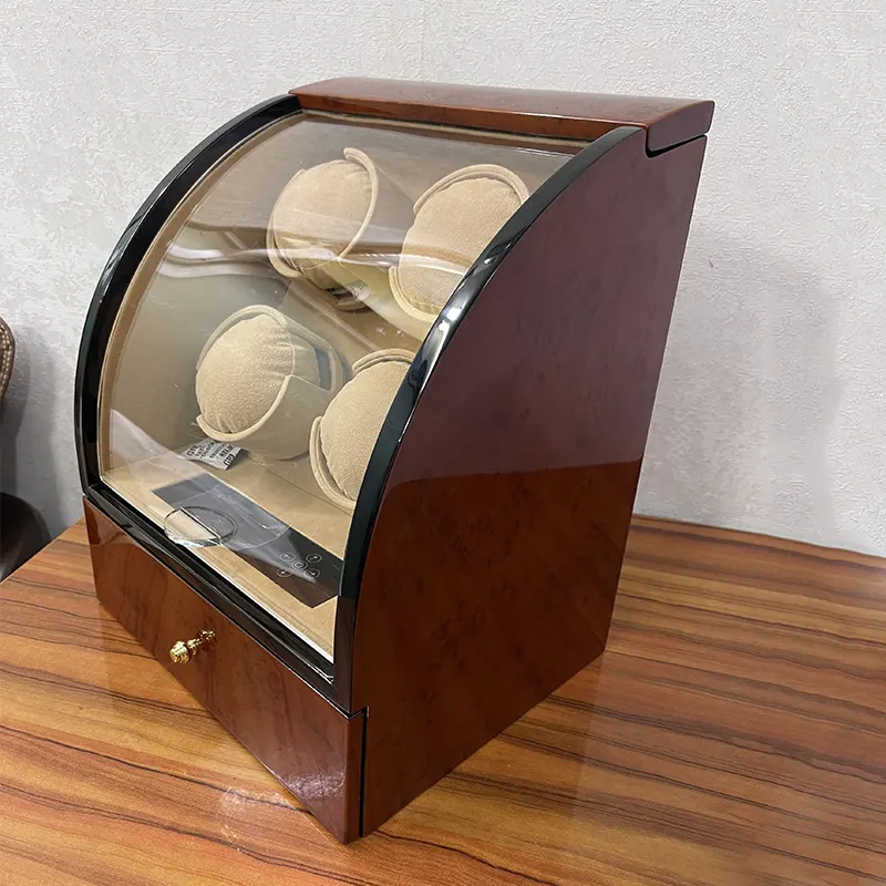 4 Slots High Quality Luxurious Curved Shape Brown Watch Winder for Automatic Watches