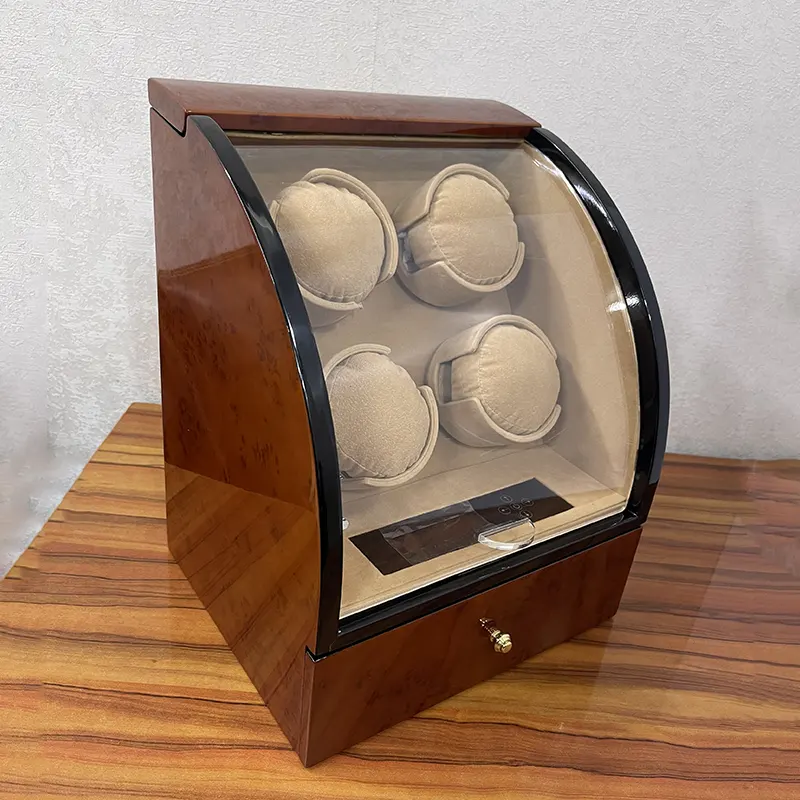 4 Slots High Quality Luxurious Curved Shape Brown Watch Winder for Automatic Watches