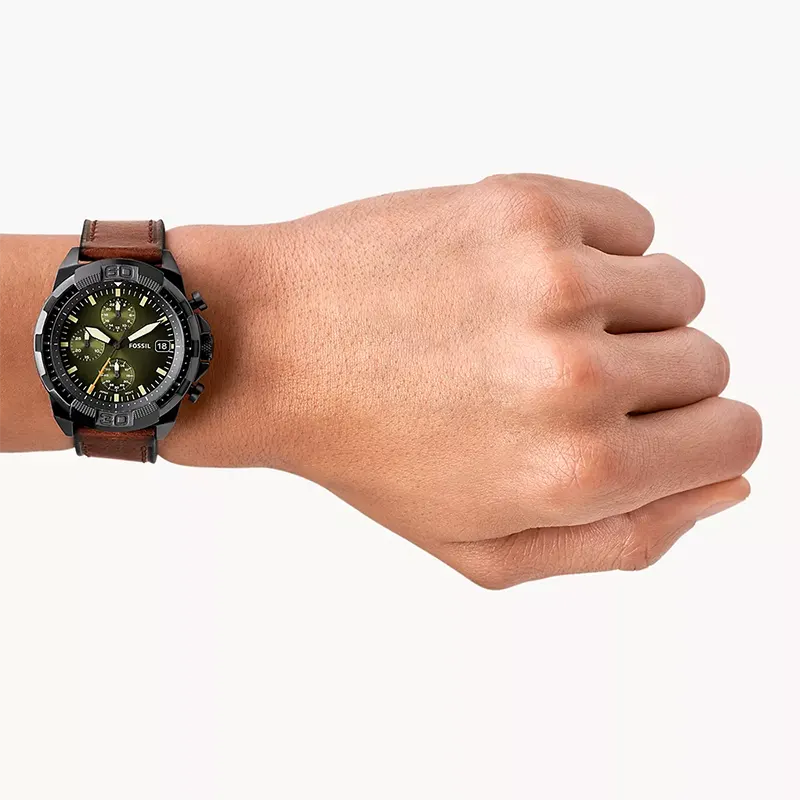 Fossil Bronson Chronograph Green Dial Leather Watch | FS5856