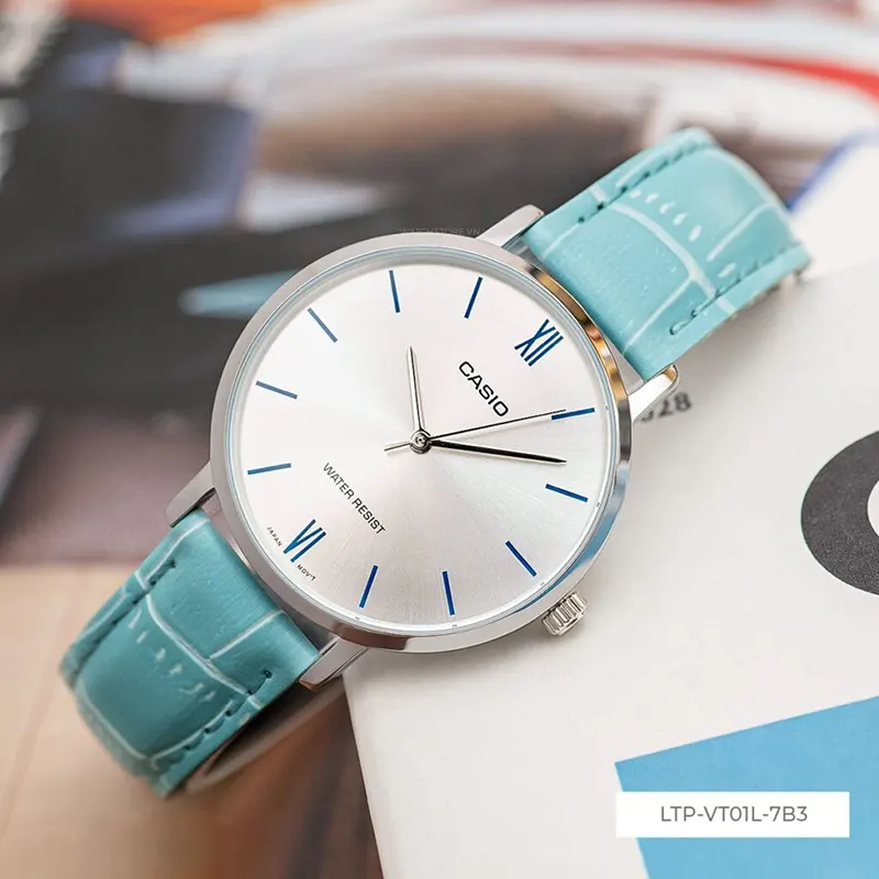 Casio LTP-VT01L-7B3 Silver Dial Blue Leather Ladies Watch