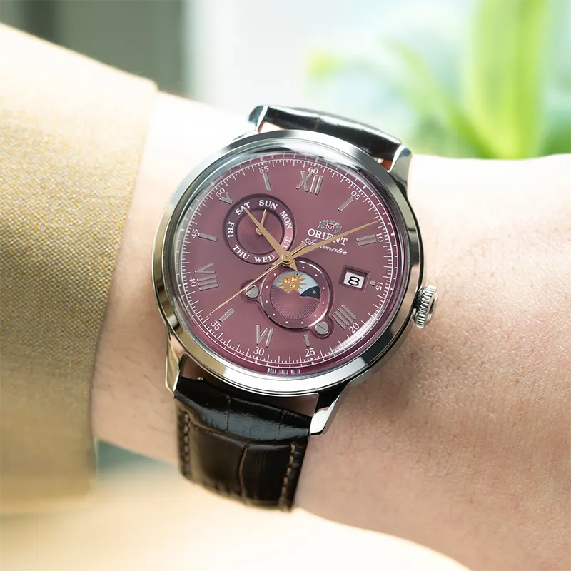 Orient Bambino Sun & Moon Bordeaux Dial Men's Watch | RA-AK0807R