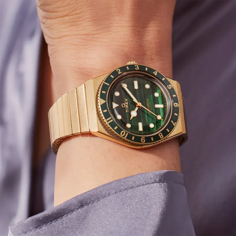 Q Timex® Green Dial Steel Expansion Band Ladies Watch | TW2V92200