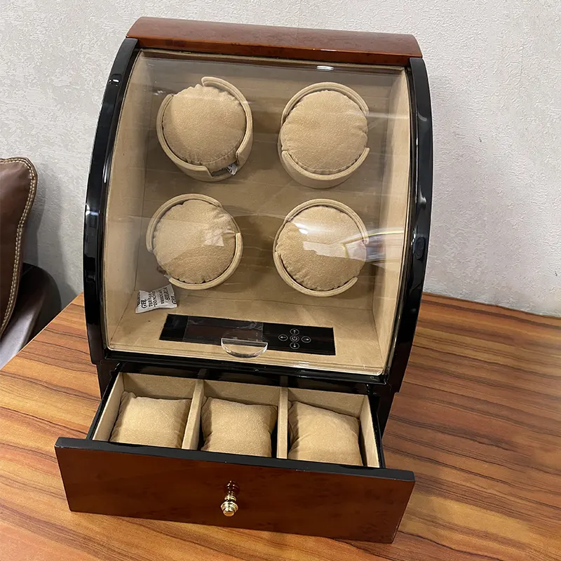 4 Slots High Quality Luxurious Curved Shape Brown Watch Winder for Automatic Watches